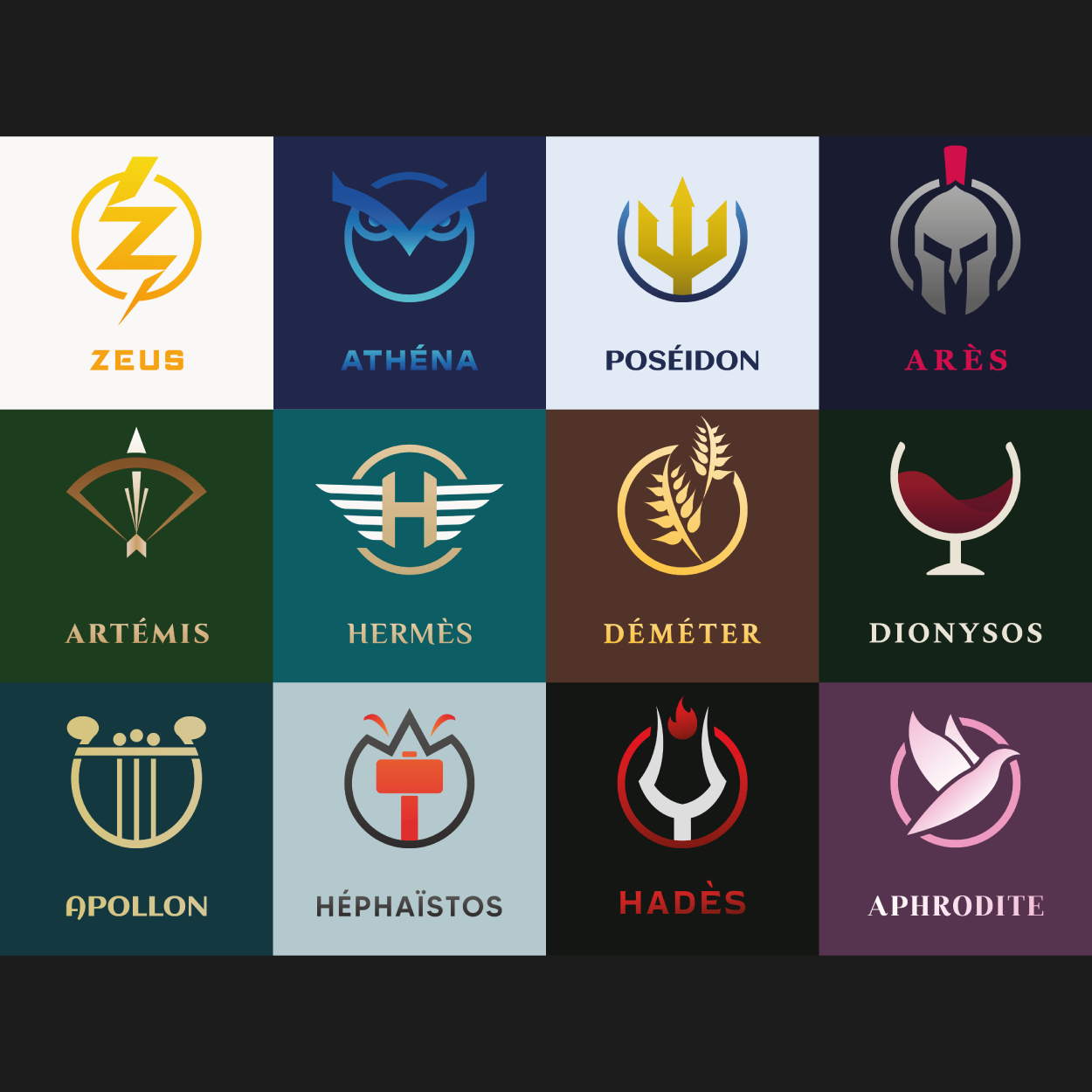 Logos de tous les dieux grecs, projet portfolio Ludovic Chauvet